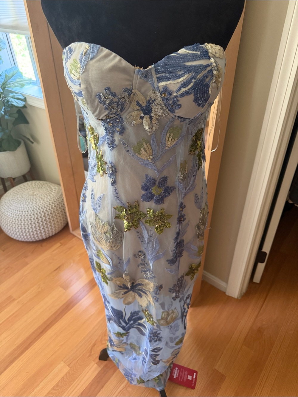 Fashion Nova Strapless Blue Floral Sequin Sheath Dress